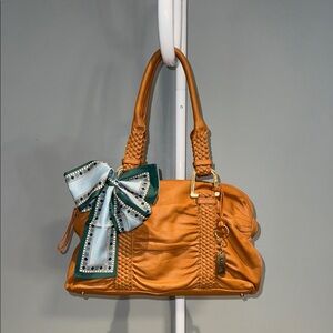 Luce Cinched Leather Boho Shoulder Bag & Scarf Accent -Carmel Brown EUC